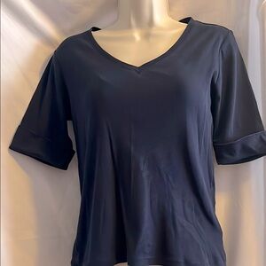 Ralph Lauren Women's Navy V-Neck Cotton Cuff Sleeve Top